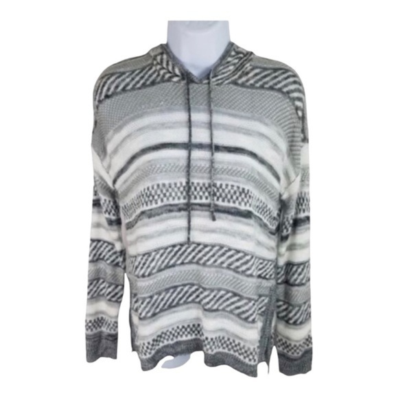 Oh MG: Hooded Knit sweater, gray, black, and white striped NWT - Picture 2 of 8